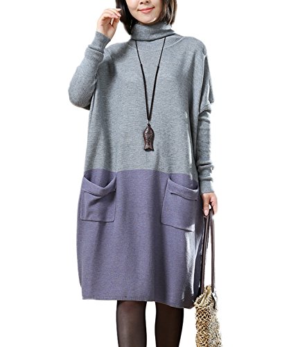 MedeShe Women's Mock Neck Long Sleeve Contrast Colors Sweater Dress (S/M/L, Grey/Lavender)