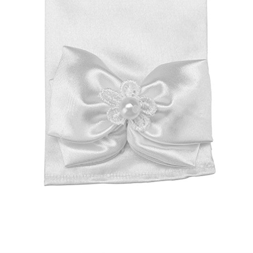 Long Satin Formal Gloves,Kids Size Full Finger with Pearl Bowknot for Girls Children Wedding Dress Evening Party Pageant,Elbow Length 10BL,White