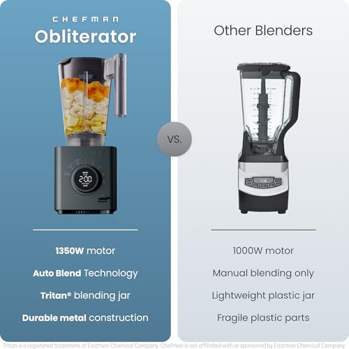 Chefman Obliterator 1.2L Smoothie Blender 1380W, Crushes Ice & Frozen Fruit | Stainless Steel Blade, Auto Blend, 600ml Travel Jar, Midnight