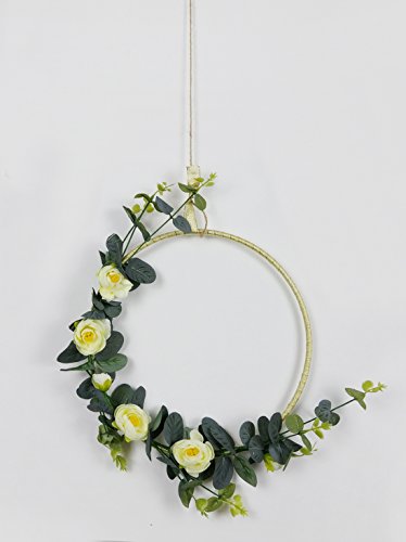 RISEON Handmade Set of 3 Gold Flower Wreaths,Boho Dream Catcher,Rustic Wedding Backdrop, Artificial Plant Vine Greenery Flower Garland, Window Wall Hanging Nursery Decor, Floral Hoop Ornament Gift