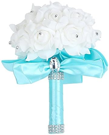 Kaimao Romantic Bridal Artificial Silk Flowers Crystal Roses Pearl Bridesmaid Wedding Holding Bouquet (Sky Blue)