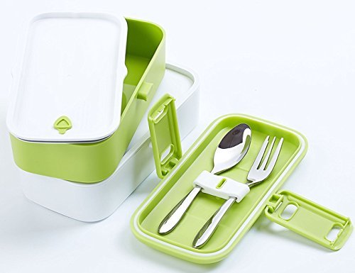 ProAid Bento Lunch Box, Leakproof Bento Box with Stainless Steel Silverware and 2 Layers Design Lunch Box, BPA Free Safe for Fridge and Dishwasher, Green ?-