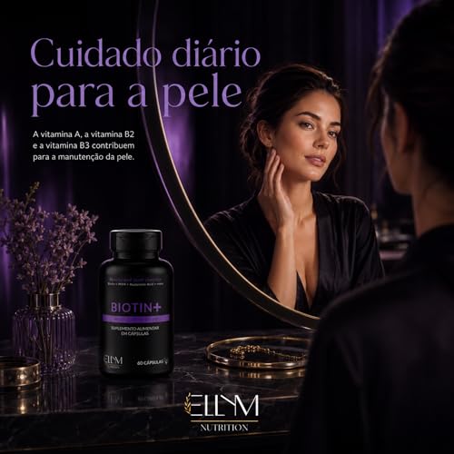 Biotina+ 180 Capsulas Ellym NUtrition Pele Cabelo e Unhas 100% Biotina MSM Acido Hialuronico Vitaminas B1 B2 B3 B5 B6 B12