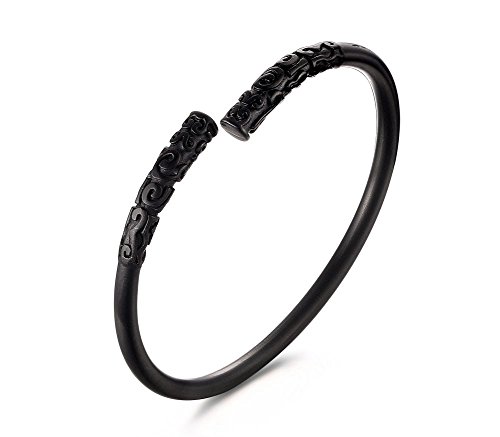 Vnox Men's Stainless Steel Ancient Buddhist Black Plated Narrow Open Cuff Bangle Bracelet Black