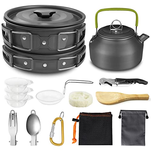 AUTOPkio Camping Cooking Set with Kettle, Portable Camping Pot and Pan Set Outdoor Cookware with Tableware Bowls for 2-3 Persons Trekking Hiking Picnic BBQ Backpacking