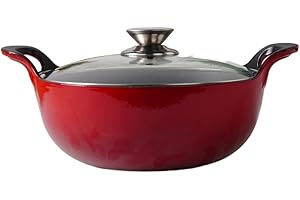 Enameled Cast Iron Balti Dish Pot (Red) with Glass Lid, 3 Quart Medium Casserole Dish, Nonstick Handi Kadai Indian, Asian Wok