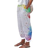 domirica Womens Fashion 2024 Summer Casual Star Printed Palazzo Pants Loose Elastic Waist Cotton Trouser Flowy Leg Pants