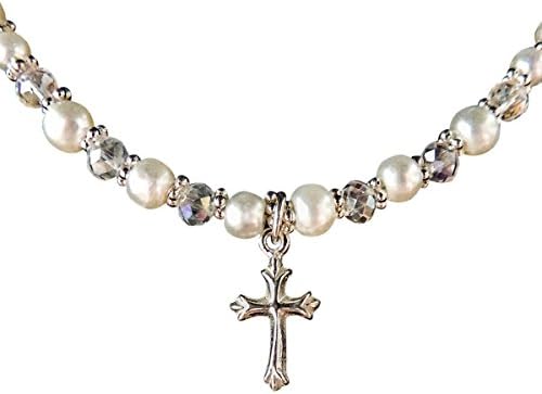 Sterling Silver, crystal &amp; simulated Pearl Cross Necklace for Babies &amp; Girls is a Luxurious Baptism Giftt (Small - Fits Infant up to 8 years old)
