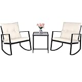 SUNCROWN Outdoor 3-Piece Rocking Bistro Set: Black Wicker Furniture-Two Chairs with Glass Coffee Table (Beige Cushion)