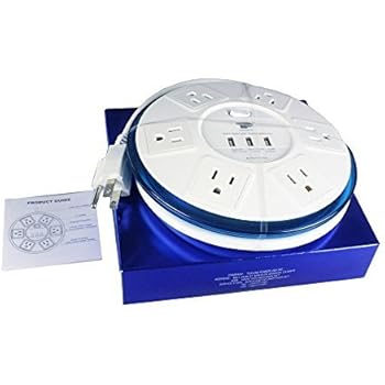 TP UFO Slim Design 6-Outlet Clear-Blue Round Power Center, 3 Quick Charging USB Ports, 4-Ft Heavy Duty Power Cord, Tabletop Surge Protector EMI-/RFI-Filter for Home Office Meeting Room UL Listed