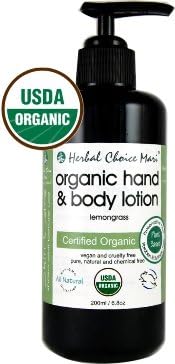 Organic Hand & Body Lotion (Lemongrass) by Herbal Choice Mari; 6.8 fl oz Glass Bottle