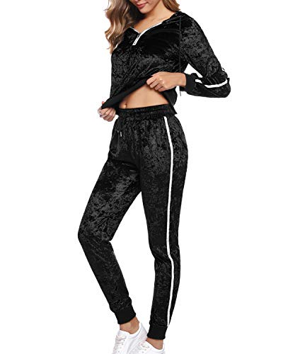 Hawiton Women's Velvet 2 Piece Tracksuit Long Sleeve Hoodie Sweatshirt and Pants Set Sweatsuit Sportswear Black