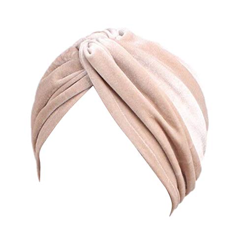 Fxhixiy Women's Stretch Velvet Twist Pleasted Hair Wrap Turban Hat Cancer Chemo Beanie Cap Headwear (Beige)