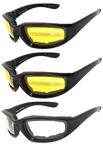 Set of 3 Pairs Black Motorcycle Padded Foam Glasses Clear Yellow Lens Owl