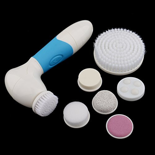 Dovewill Professional 7 in 1 Deep Cleaning Electric Face Cleaner Brush Scrubber Facial Massager SPA Exfoliator Kit Set - White & Blue