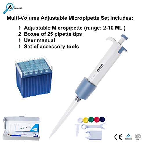 Multi-Volume Adjustable Micropipette Kit (2-10ML) - Including 2 Racks of 25 Pipette Tips