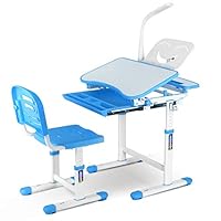 POTBY Kids Desk and Chair Set, Height Adjustable Children Study Table with Wood Tiltable Anti-Reflective Tabletop, Bookstand, Pull-Out Drawer Storage and Touch Led for School Students (Blue)