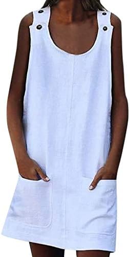 Women Sleeveless Solid Color Linen Dresses, Straight Casual Button Plain Cotton Shirt Comfortable Lightweight Fabric Shift Daily Dress