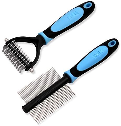 SHD 2 Pack Pet Grooming Tool with Double Sided Dematting Rake Brush and Deshedding Comb for Medium, Longhaired Curl Dog or Cat