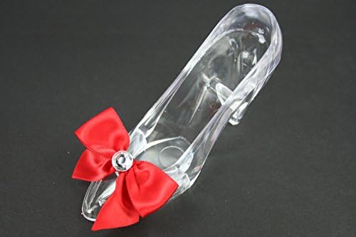 Set of 2 Princess Acrylic Clear Slipper Cake Topper, Party Favor with Satin Bow Choose Color (RED BOW)