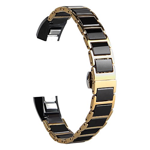 V-Moro Metal Band for Fitbit Alta Band, Gold Stainless Steel Ceramics Link Replacement Bands for Fitbit Alta (Ceramics Link Metal Band - Black & Gold)