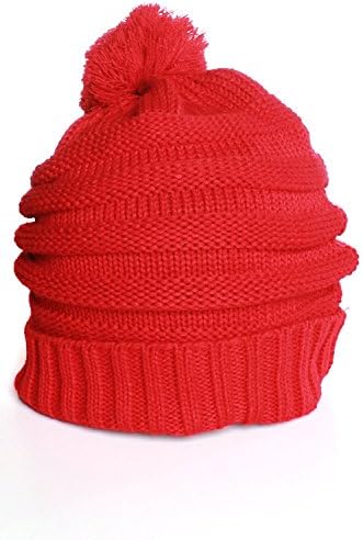 US Cities Plain Solid Pom Pom Cuff Knit Beanie (One Size, Red)