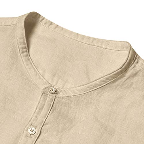 Ximandi Men's Baggy Cotton Linen SOID Color Short Sleeve Retro T Shirts Tops Blouse Khaki
