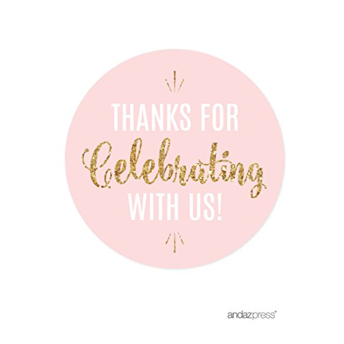 Andaz Press Signature Blush Pink, White, Gold Glittering Baby or Bridal Shower Party Collection, Round Circle Labels Stickers, Thanks for Celebrating With Us!, 40-Pack
