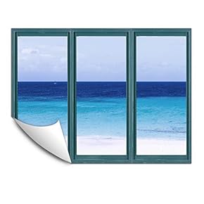 Wall Murals for Bedroom Fake Window Beach Blue Window Removable Wallpaper Peel and Stick Wall Stickers - 24x32 inches