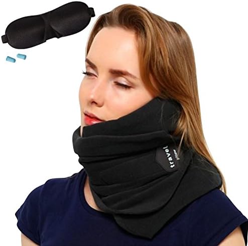 Supper Soft Neck Support Fleece Travel Pillow with 3D Eye Mask and Earplugs-Easy to Carry, Attachable to Luggage-Specially Designed for Airplanes, Cars, Buses, Trains, Office Napping (Black)