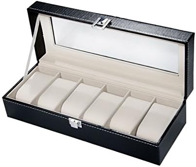 Shouyi Watch Organizer Jewelry Box 6 Grid Glass Top Watch Display Case Watch Holder for Women Black