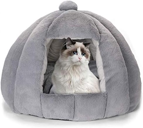 Nuoyo ペットベッド ペットクッション 冬用 猫 犬 小動物用 ドーム型 ペット用寝袋 あったか 保温防寒 猫小屋 ネコ用ハウス 洗える 人気 かわいい ふわふわ グレー002