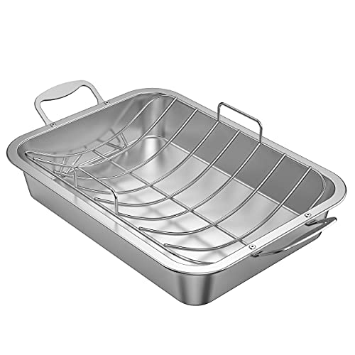 Skyflame Roasting Pan with Rack, Stainless Steel Silver Rectangular
