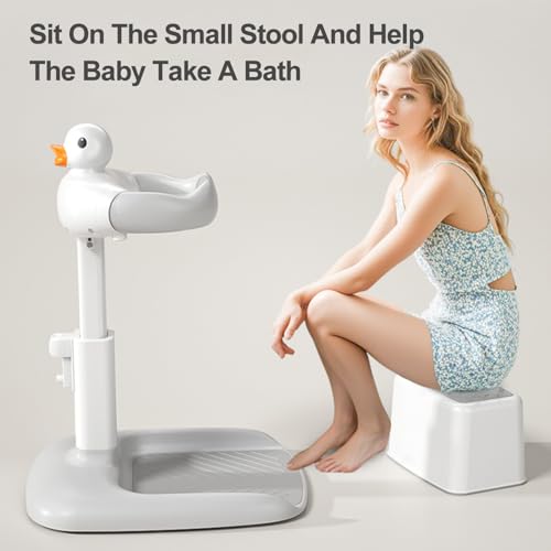 Duck Standing Baby Bath Station, Adjustable 65cm Height with Anti-Slip Base & Detachable Shower Holder, 360° Cleaning for 6+ Months, ABS BPA-Free (Gray)​​