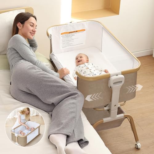 Baby Bassinet, Rocking Bedside Sleeper, Detachable & Portable Bassinet with 8-Level Height, Breathable Mesh, Storage Basket & Rotating Mobile Toy for Newborns Infant(Khaki)