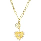 UniLogue Sun Heart Pendant Choker Necklace for Women,18K Gold Plated Multi Pendants Chunky Paperclip Chain Hip Hop Neutral Jewelry