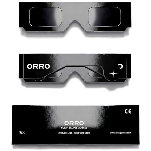 ORRO Solar Eclipse Glasses 37 mm, Pack of 2/6/12/50, Black, Certified Eye Protection, Tested EN ISO 12312-2:2015, CE Marking for Direct Solar Observation - Classic Fit