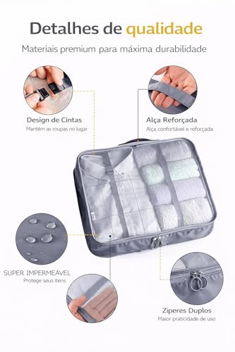 Kit Organizador de Mala 7 Peças com Zíper Duplo e Malha Respirável – Organizadores de Viagem para Roupas, Calçados e Acessórios – Conjunto Compacto e Impermeável