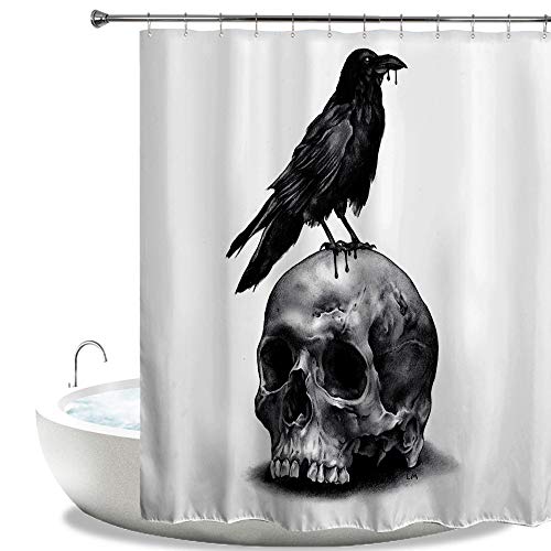 HIYOOHIYOO Halloween Skull Raven Shower Curtain with Hooks, Horror Scary Skeleton Hallowmas Bathroom Art Decor Bathtub Black and White Shower Curtains - Mysterious Bird 60" W x 72" L