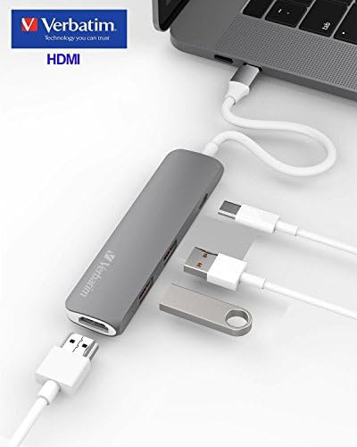 Verbatim HDMI Type-C Hub, Aluminum USB-C Hub Adapter for MacBook, MaBook Pro, Chromebook, USB Flash Drives and Other Type-C Devices, 4k HDMI, 2 USB 3.0 Ports, Pass-Through Charging