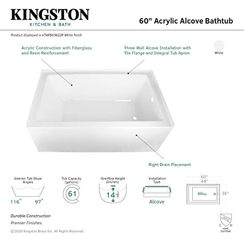 Kingston Brass Aqua Eden VTAP603622R 60-Inch Acrylic Alcove Tub With ...