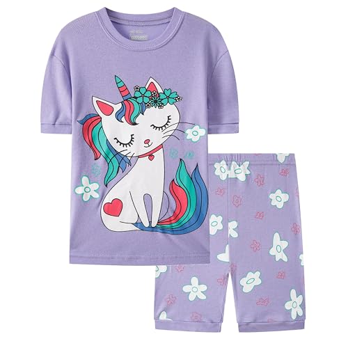 JOYOND GIRLS SUMMER COTTON PAJAMAS 4 PIECE SNUG-FIT SLEEPWEAR FOR TODDLER CLOTHES KIDS SHORT SLEEVES CUTE CAT PJS SET 4T