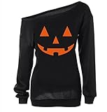 Guandiif Womens Halloween Sweatshirts Pumpkin Shirts Off Shoulder Pullover Tops Halloween Women Slouchy Shirts