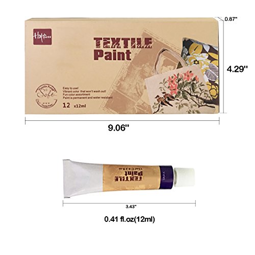 Hapree 12 Colors Fabric Paint Permanent Vibrant Color Textile Paints Dye for T-Shirt Clothing Canvas Wood Ceramic Glass, 12 x 12ml (0.4 fl. oz)