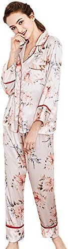 Belle Heure Women’s Pajamas Set Long Sleeve Silk Satin Classic Floral Pj Set S-XL