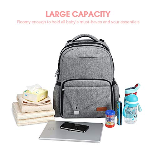 Diaper Bag Backpack,Chuntianli Multi-Function Travel Back Pack Large Maternity Baby Nappy Changing Bag Organizer,Waterproof/Durable,with USB Charging Port/Insulated Holder Pockets/Stroller Strap, Gray - Thumbnail 7