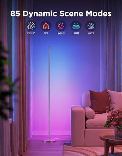 Govee LED Floor Lamp RGBIC, Work with Matter and Alexa, Silver | 61 Scene Modes and 8 Music Sync Modes, Modern Corner Lamp, Dimmable Mood Lighting Ideal for Living Room, Bedroom, 1 Pack
