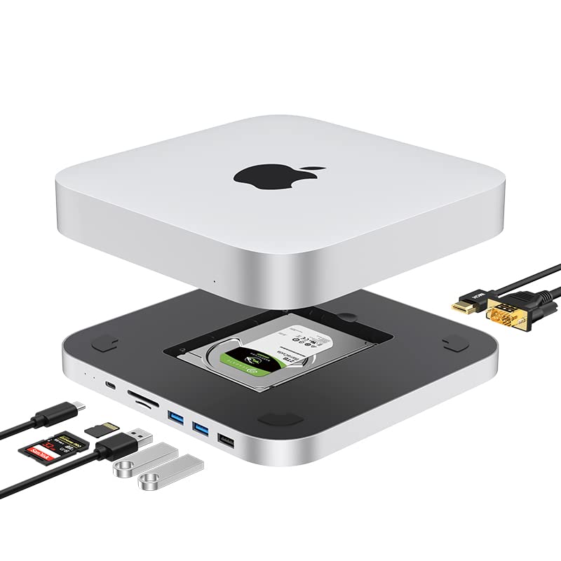 USB-C Hub with Hard Drive Enclosure for Mac Mini M1/M2/Studio Type-C Docking Station Aluminium Stand & Hub New MacMini with SATA SSD/HDD Slot, USB 3.0 & 2.0 Ports, SD/TF Card Readers/HDMI & VGA