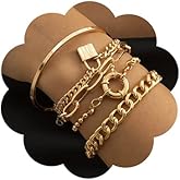 fxmimior Boho Fashion Dainty Boho Gold Silver Chain Stackable Lock Bracelets Set for Women Adjustable Beaded Chunky Flat Cabl