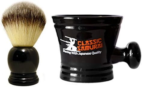 Classic Samurai Men Premium Shaving Set - Classic Samurai Synthetic Shaving Black Brush and Classic Samurai Porcelain Shaving Mug